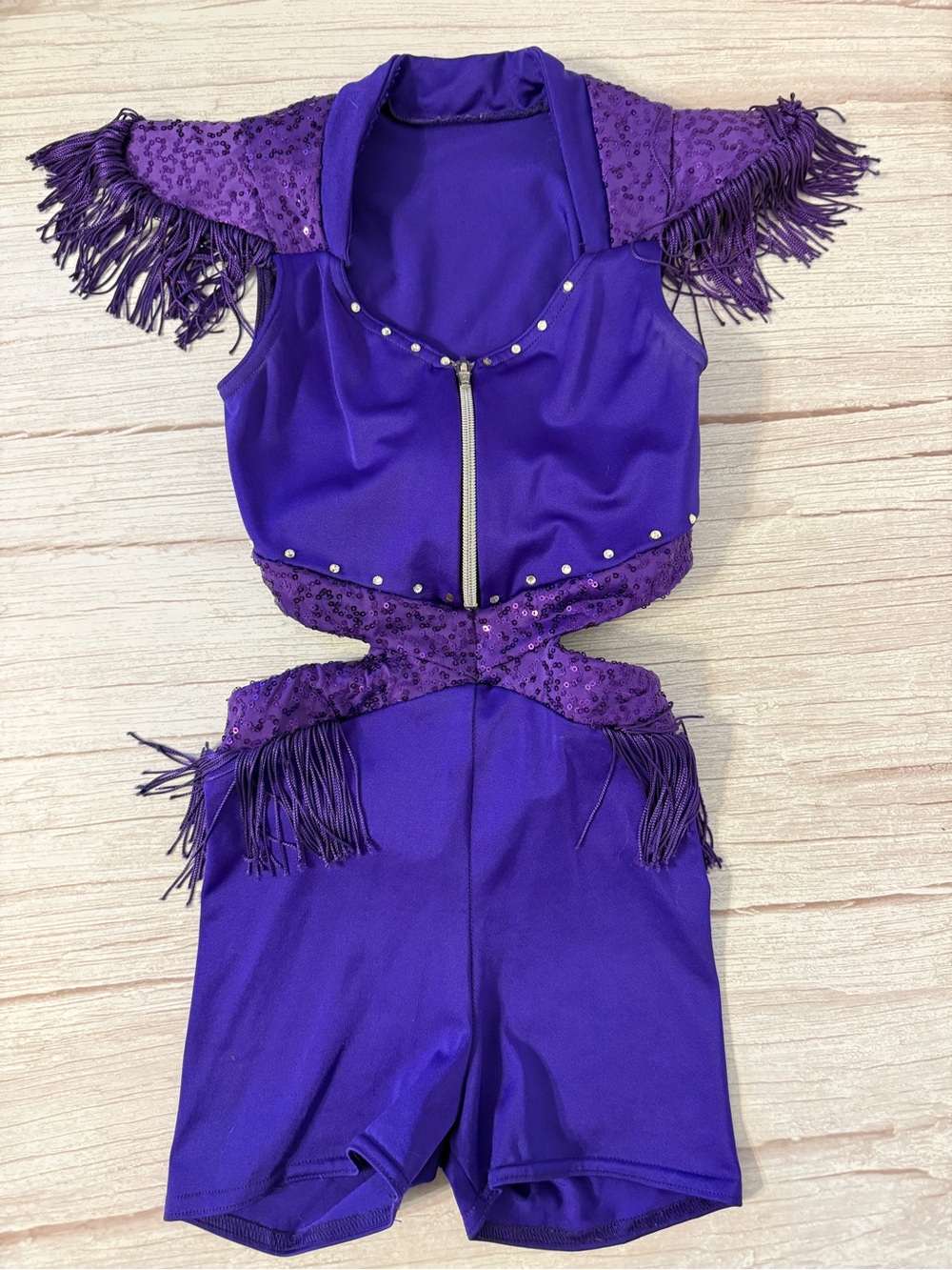 Kelle Child Size Medium Deep Purple Costume w Shoulder Fringe & Shorts One-Piece
